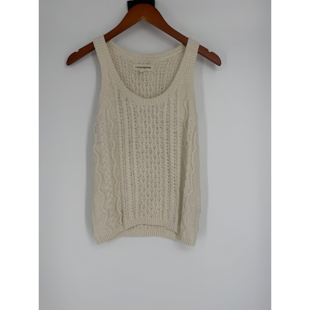 Lucky Brand Womens Sweater Tank Small Cream Cable Knit Boho Coastal Cottagecore